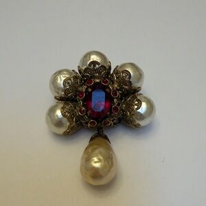 Elegant Pearl and Red Gem Brooch